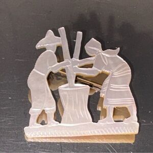 Vintage Hand Carved Mother of Pearl Asian Figural Brooch - Rice Pounding Scene